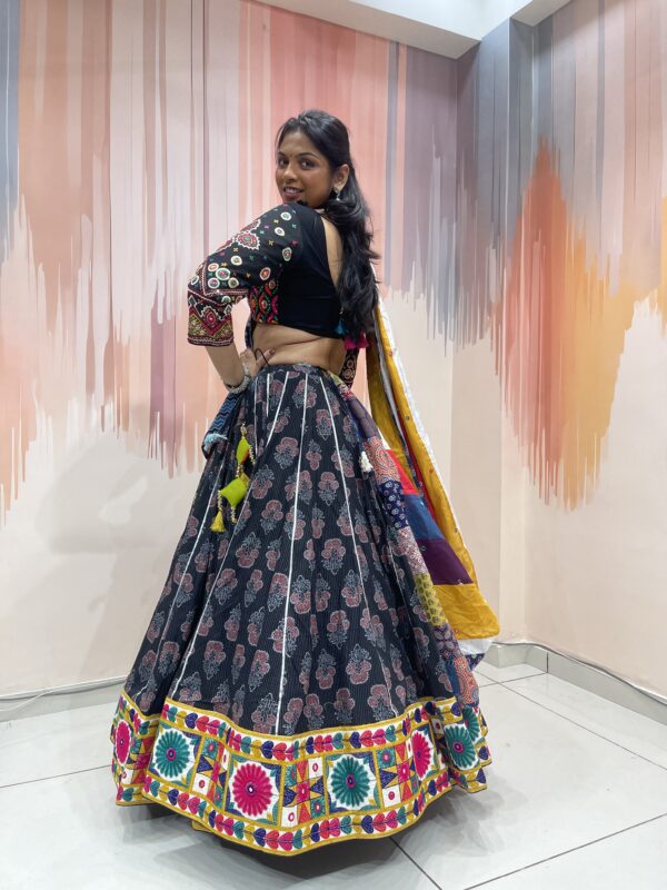 Black Embroidered Chaniya Choli with Multicolor Patchwork Dupatta - Image 2