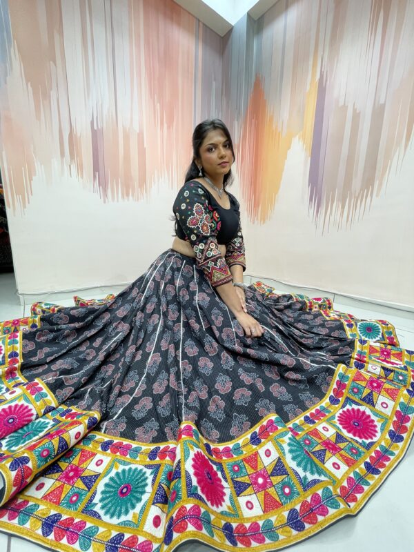 Black Embroidered Chaniya Choli with Multicolor Patchwork Dupatta - Image 9