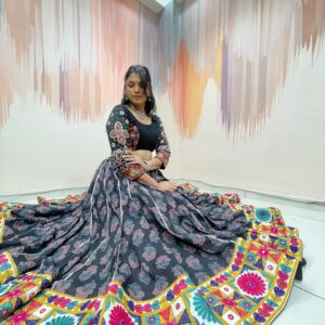 Black Embroidered Chaniya Choli with Multicolor Patchwork Dupatta