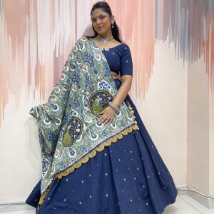 Elegant Navy Blue Chaniya Choli with Ikat Peacock Dupatta & Floral Blouse Detailing – Meera’s Lehenga