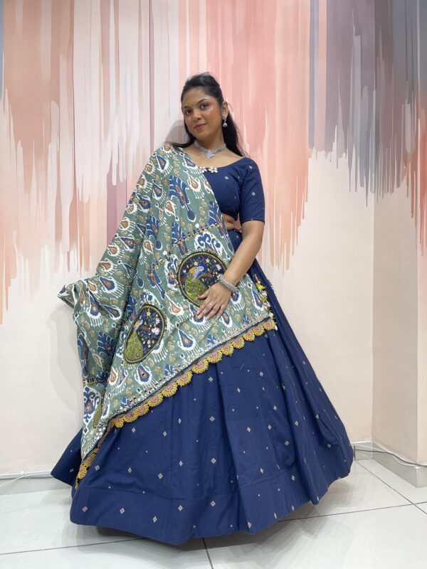 Elegant Navy Blue Chaniya Choli with Ikat Peacock Dupatta & Floral Blouse Detailing – Meera’s Lehenga