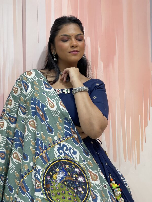 Elegant Navy Blue Chaniya Choli with Ikat Peacock Dupatta & Floral Blouse Detailing – Meera’s Lehenga - Image 2