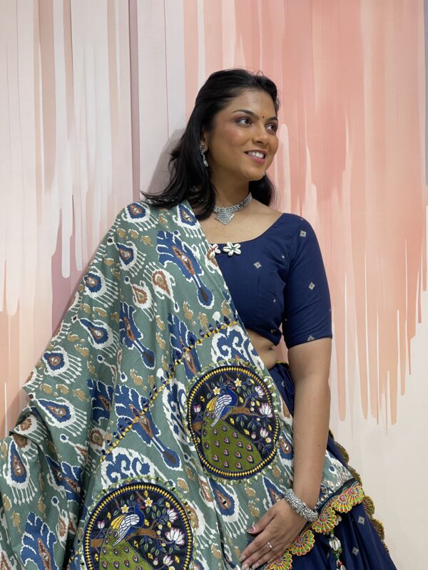 Elegant Navy Blue Chaniya Choli with Ikat Peacock Dupatta & Floral Blouse Detailing – Meera’s Lehenga - Image 6