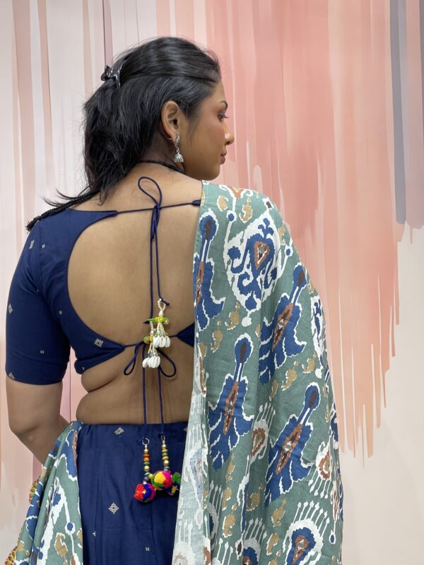 Elegant Navy Blue Chaniya Choli with Ikat Peacock Dupatta & Floral Blouse Detailing – Meera’s Lehenga - Image 7
