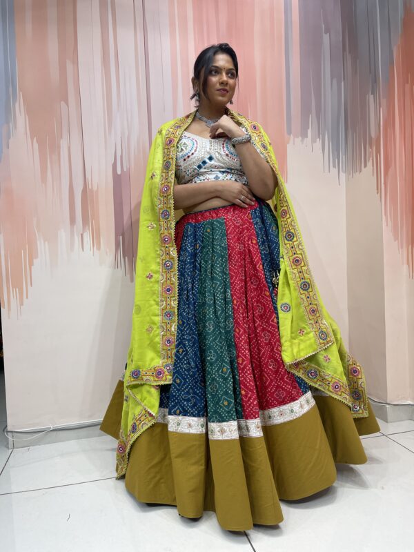 Multi-Colored Bandhani Chaniya Choli with Mirror Work White Blouse & Neon Green Dupatta – Meera’s Lehenga - Image 2