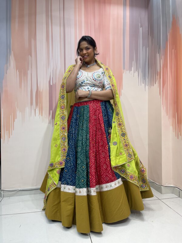 Multi-Colored Bandhani Chaniya Choli with Mirror Work White Blouse & Neon Green Dupatta – Meera’s Lehenga - Image 3