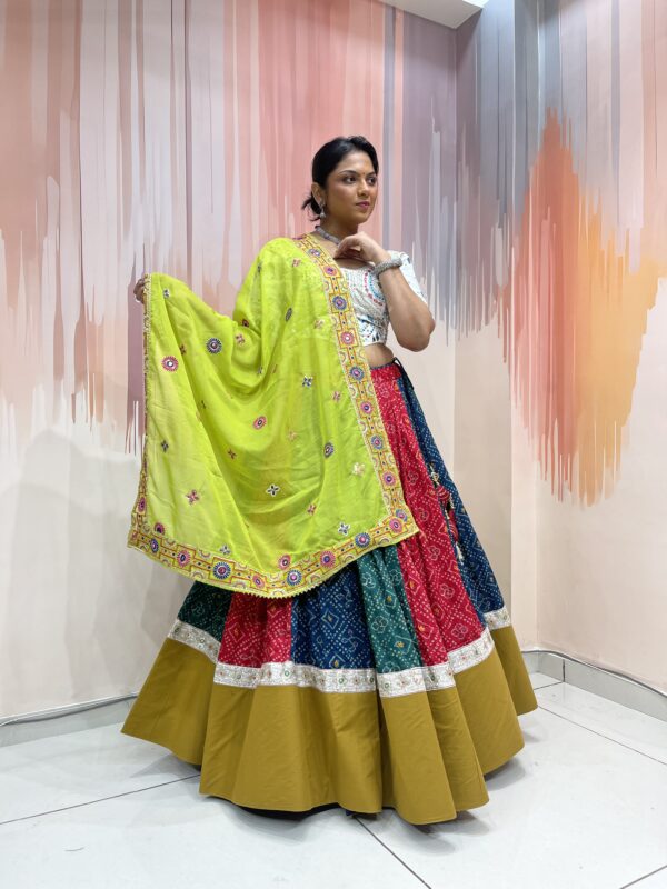 Multi-Colored Bandhani Chaniya Choli with Mirror Work White Blouse & Neon Green Dupatta – Meera’s Lehenga - Image 4
