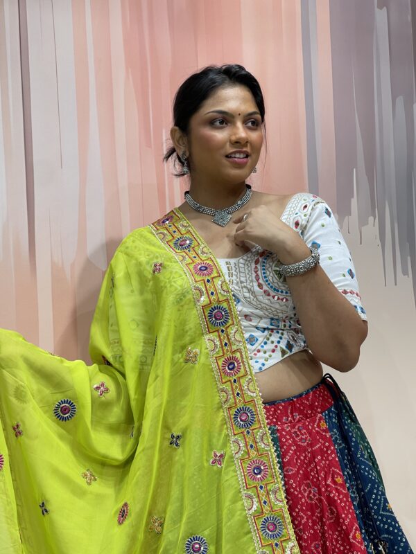 Multi-Colored Bandhani Chaniya Choli with Mirror Work White Blouse & Neon Green Dupatta – Meera’s Lehenga - Image 5