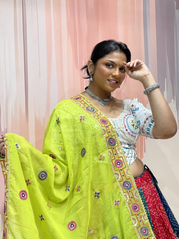 Multi-Colored Bandhani Chaniya Choli with Mirror Work White Blouse & Neon Green Dupatta – Meera’s Lehenga - Image 6