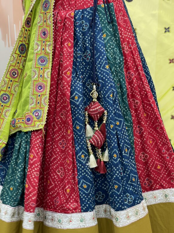 Multi-Colored Bandhani Chaniya Choli with Mirror Work White Blouse & Neon Green Dupatta – Meera’s Lehenga - Image 7