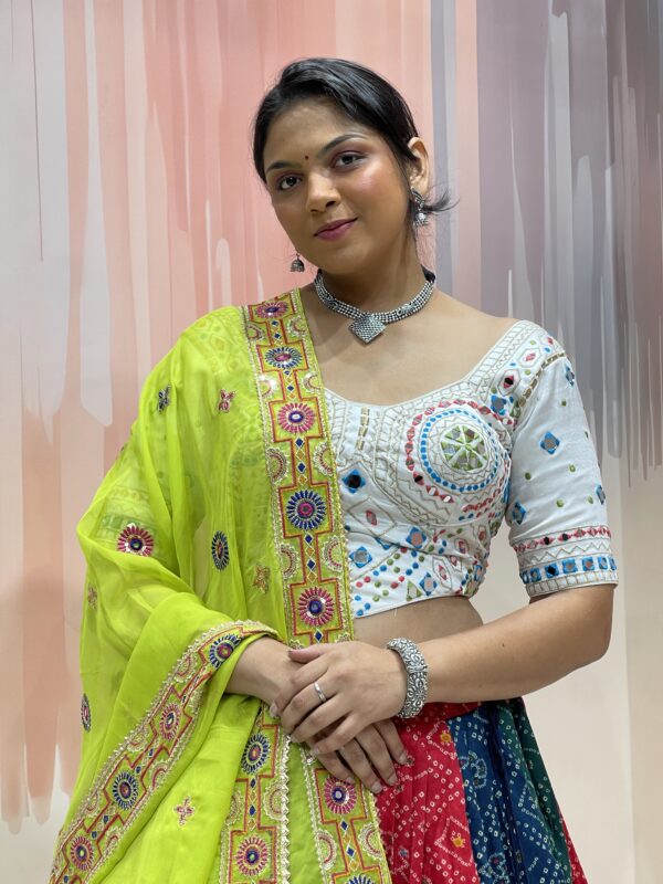 Multi-Colored Bandhani Chaniya Choli with Mirror Work White Blouse & Neon Green Dupatta – Meera’s Lehenga - Image 8