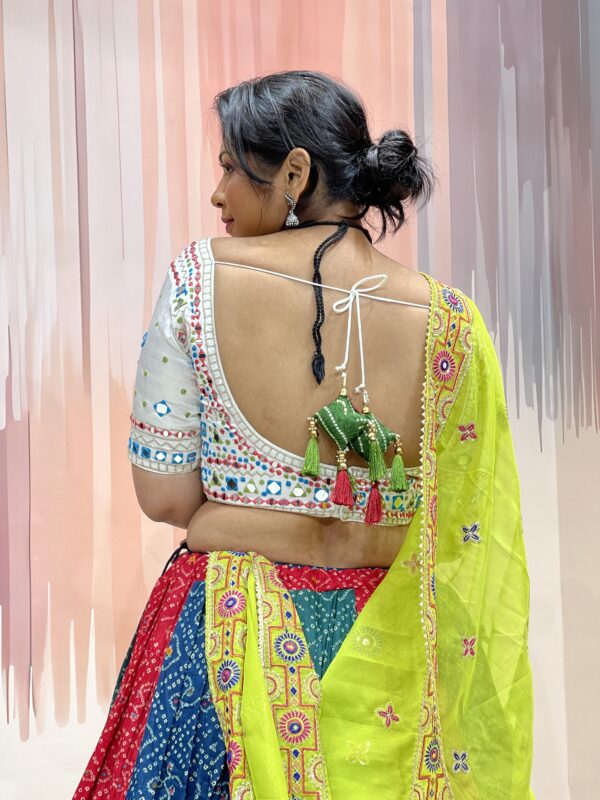 Multi-Colored Bandhani Chaniya Choli with Mirror Work White Blouse & Neon Green Dupatta – Meera’s Lehenga - Image 9