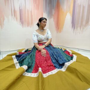 Multi-Colored Bandhani Chaniya Choli with Mirror Work White Blouse & Neon Green Dupatta – Meera’s Lehenga