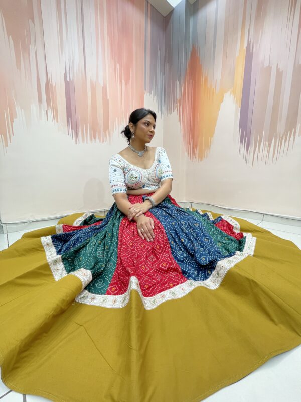 Multi-Colored Bandhani Chaniya Choli with Mirror Work White Blouse & Neon Green Dupatta – Meera’s Lehenga