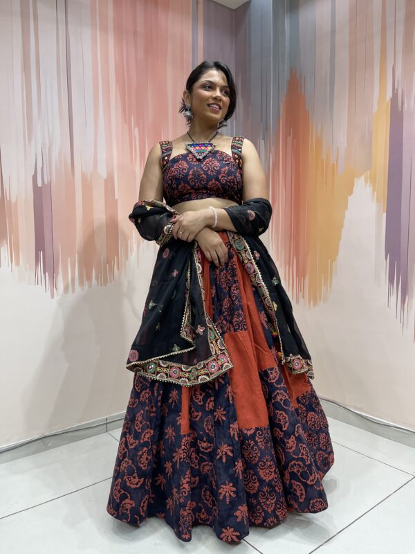 Navy & Rust Block Print Chaniya Choli with Tribal Embroidered Blouse and Black Dupatta – Meera’s Lehenga - Image 2