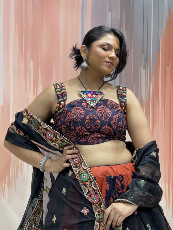 Navy & Rust Block Print Chaniya Choli with Tribal Embroidered Blouse and Black Dupatta – Meera’s Lehenga - Image 3