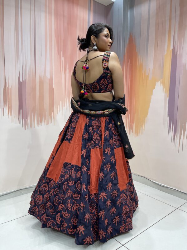Navy & Rust Block Print Chaniya Choli with Tribal Embroidered Blouse and Black Dupatta – Meera’s Lehenga - Image 4