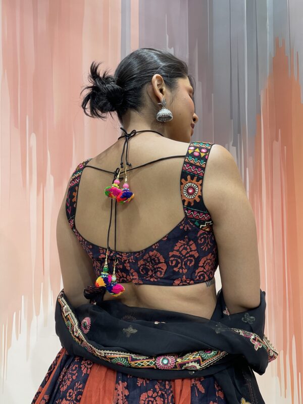 Navy & Rust Block Print Chaniya Choli with Tribal Embroidered Blouse and Black Dupatta – Meera’s Lehenga - Image 5