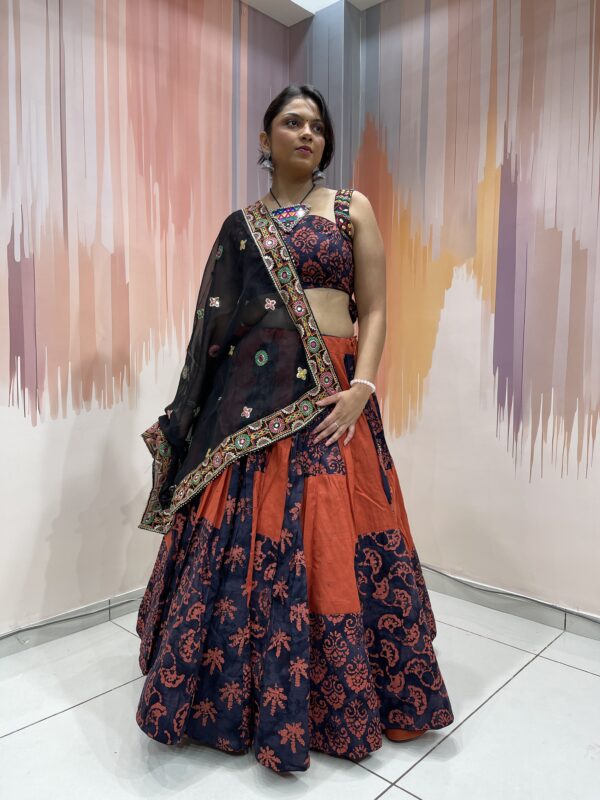 Navy & Rust Block Print Chaniya Choli with Tribal Embroidered Blouse and Black Dupatta – Meera’s Lehenga - Image 6