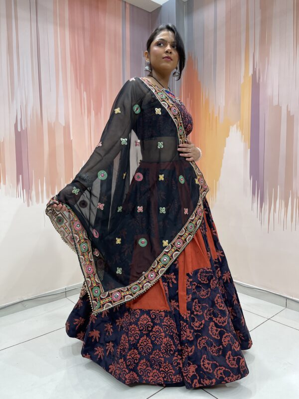 Navy & Rust Block Print Chaniya Choli with Tribal Embroidered Blouse and Black Dupatta – Meera’s Lehenga - Image 7