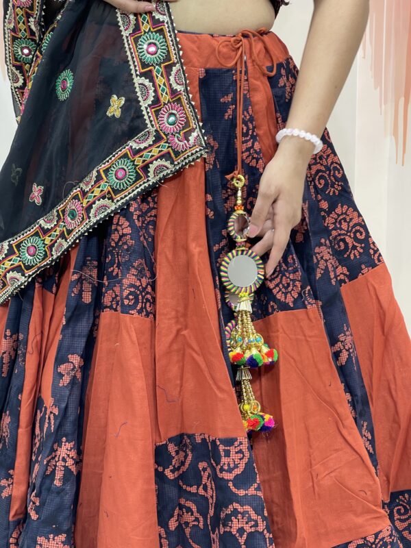 Navy & Rust Block Print Chaniya Choli with Tribal Embroidered Blouse and Black Dupatta – Meera’s Lehenga - Image 8