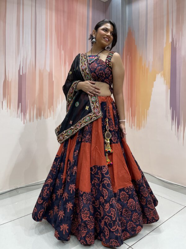 Navy & Rust Block Print Chaniya Choli with Tribal Embroidered Blouse and Black Dupatta – Meera’s Lehenga - Image 9