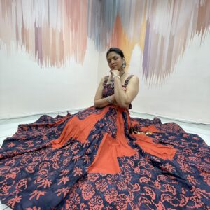 Navy & Rust Block Print Chaniya Choli with Tribal Embroidered Blouse and Black Dupatta – Meera’s Lehenga