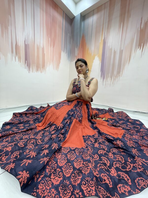 Navy & Rust Block Print Chaniya Choli with Tribal Embroidered Blouse and Black Dupatta – Meera’s Lehenga