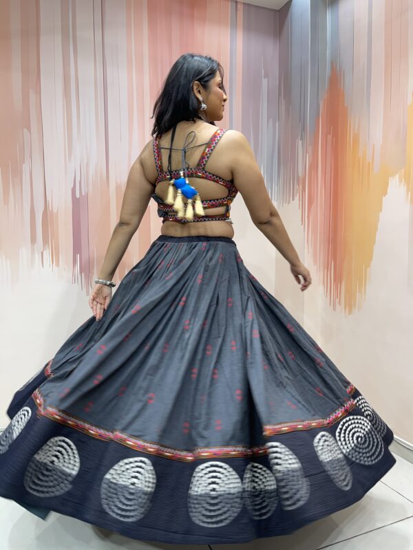 Charcoal Grey Chaniya Choli with Multicolor Embroidered Blouse & White Mirror Work Dupatta – Meera’s Lehenga - Image 8