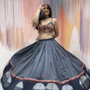 Charcoal Grey Chaniya Choli with Multicolor Embroidered Blouse & White Mirror Work Dupatta – Meera’s Lehenga