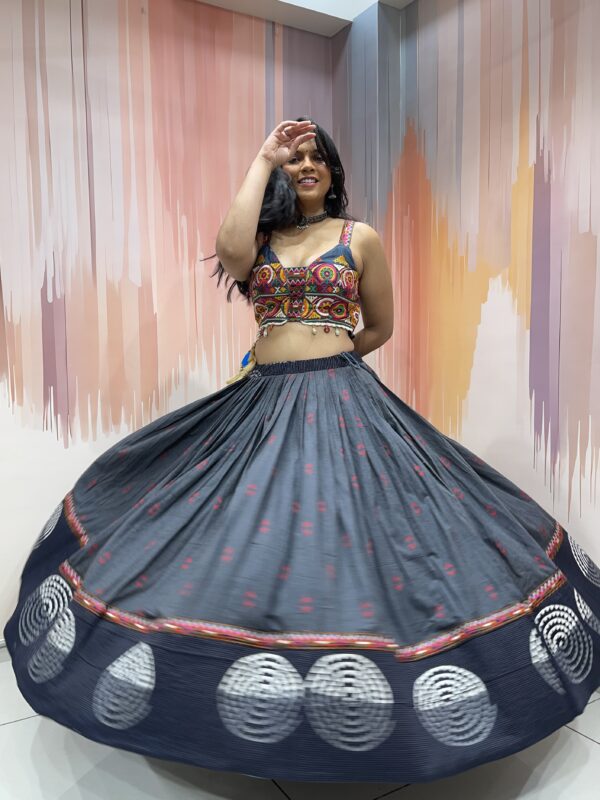 Charcoal Grey Chaniya Choli with Multicolor Embroidered Blouse & White Mirror Work Dupatta – Meera’s Lehenga