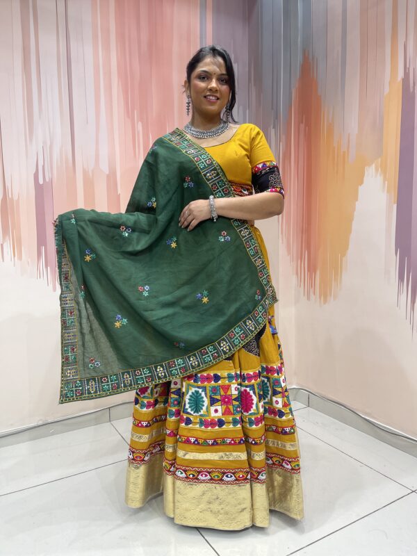 Mustard Yellow Chaniya Choli with Green Dupatta & Multicolor Embroidered Border – Meera’s Lehenga - Image 2