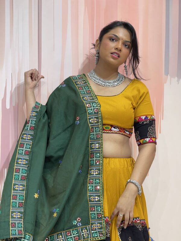Mustard Yellow Chaniya Choli with Green Dupatta & Multicolor Embroidered Border – Meera’s Lehenga - Image 3