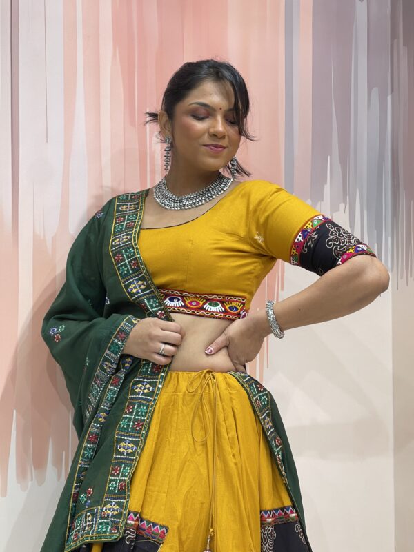 Mustard Yellow Chaniya Choli with Green Dupatta & Multicolor Embroidered Border – Meera’s Lehenga - Image 4
