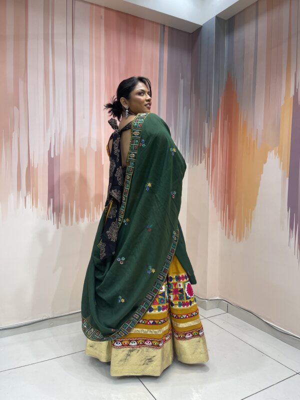 Mustard Yellow Chaniya Choli with Green Dupatta & Multicolor Embroidered Border – Meera’s Lehenga - Image 9