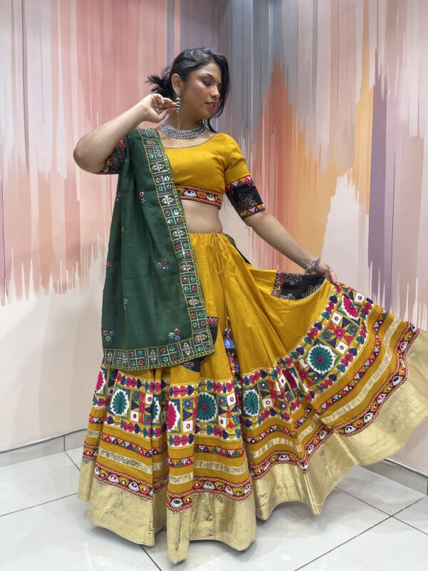 Mustard Yellow Chaniya Choli with Green Dupatta & Multicolor Embroidered Border – Meera’s Lehenga - Image 6