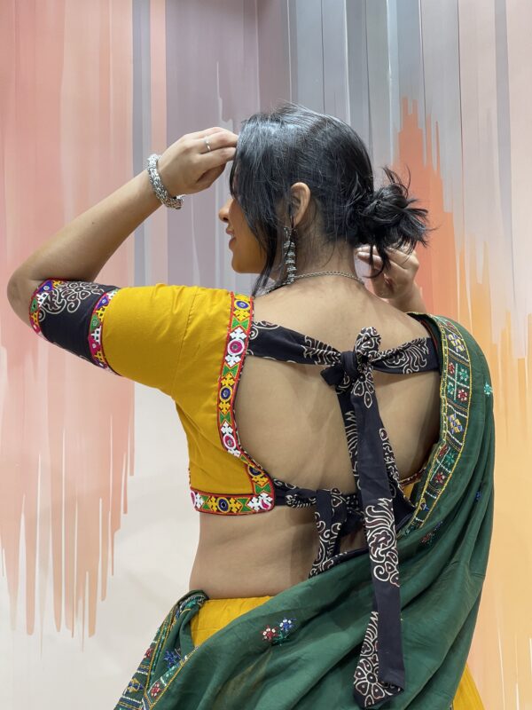 Mustard Yellow Chaniya Choli with Green Dupatta & Multicolor Embroidered Border – Meera’s Lehenga - Image 7