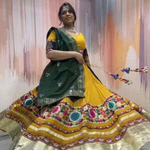 Mustard Yellow Chaniya Choli with Green Dupatta & Multicolor Embroidered Border – Meera’s Lehenga