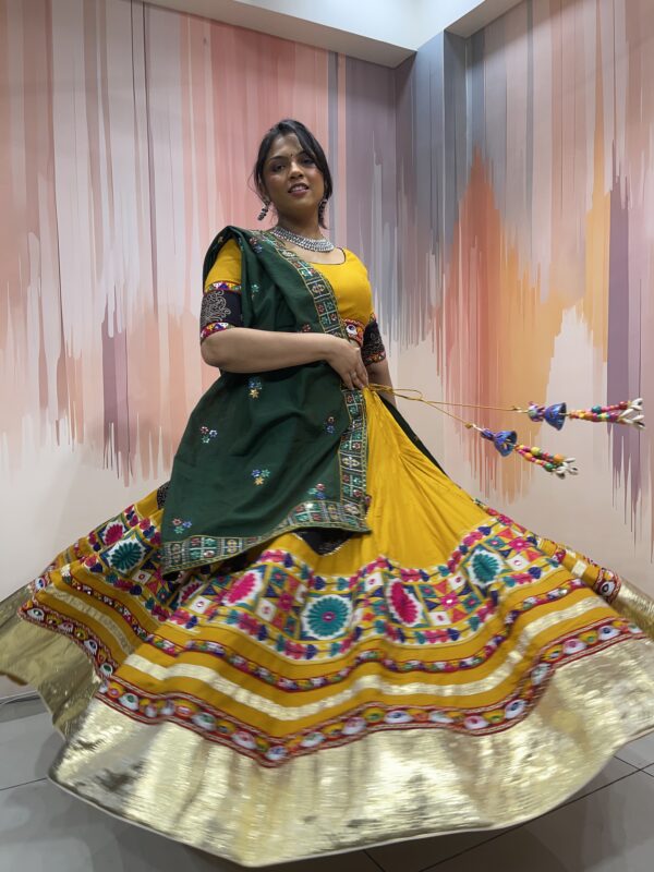 Mustard Yellow Chaniya Choli with Green Dupatta & Multicolor Embroidered Border – Meera’s Lehenga
