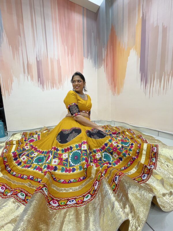 Mustard Yellow Chaniya Choli with Green Dupatta & Multicolor Embroidered Border – Meera’s Lehenga - Image 8