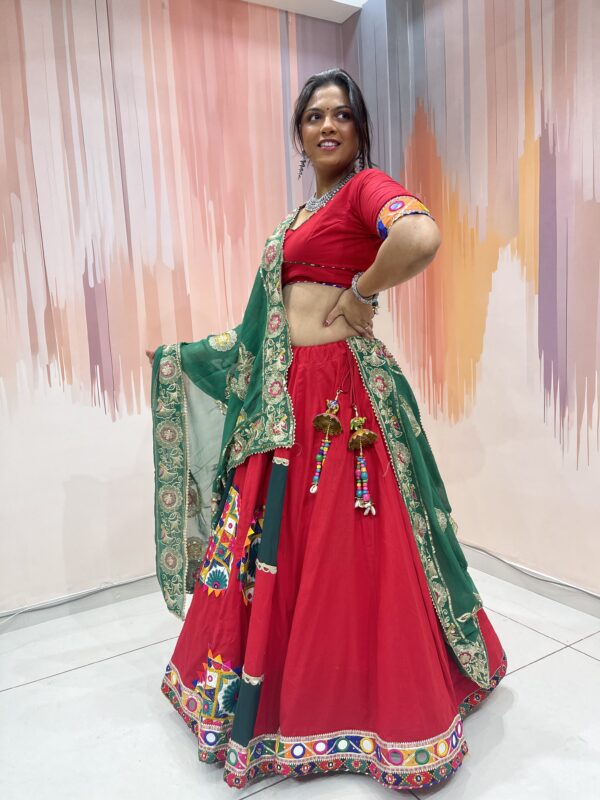 Royal Red Chaniya Choli with Green Dupatta and Embroidered Patchwork – Meera’s Lehenga - Image 2