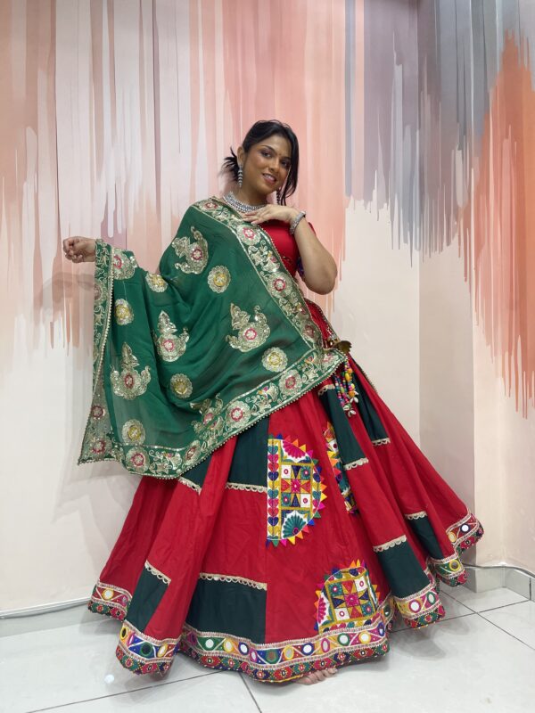 Royal Red Chaniya Choli with Green Dupatta and Embroidered Patchwork – Meera’s Lehenga