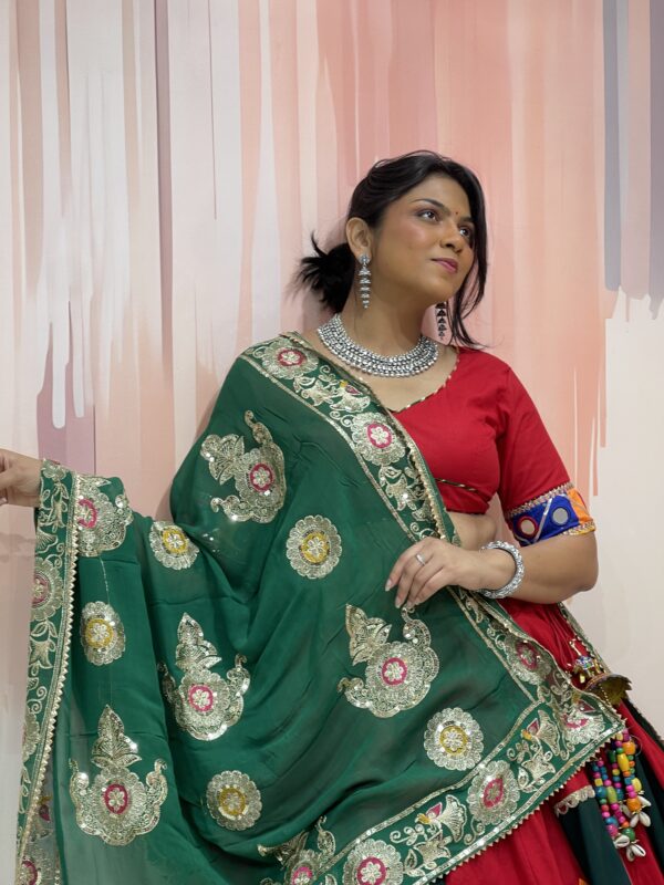 Royal Red Chaniya Choli with Green Dupatta and Embroidered Patchwork – Meera’s Lehenga - Image 3
