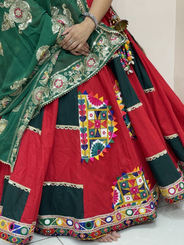 Royal Red Chaniya Choli with Green Dupatta and Embroidered Patchwork – Meera’s Lehenga - Image 4