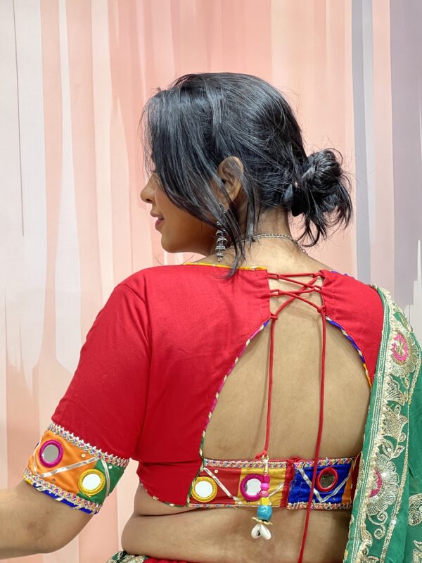 Royal Red Chaniya Choli with Green Dupatta and Embroidered Patchwork – Meera’s Lehenga - Image 5