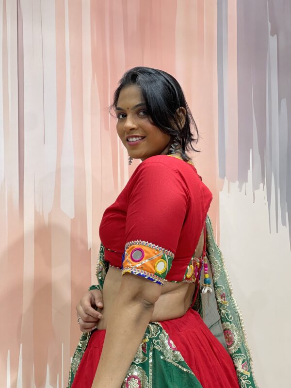 Royal Red Chaniya Choli with Green Dupatta and Embroidered Patchwork – Meera’s Lehenga - Image 6