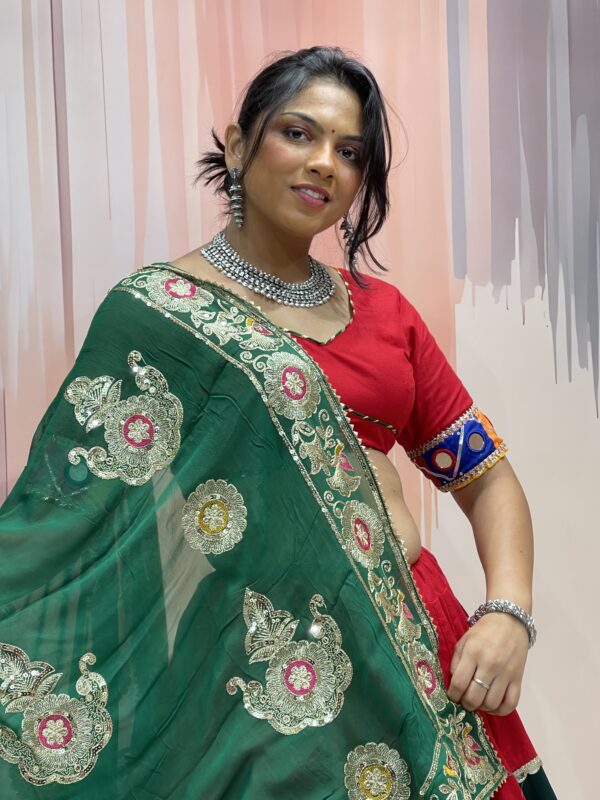 Royal Red Chaniya Choli with Green Dupatta and Embroidered Patchwork – Meera’s Lehenga - Image 7