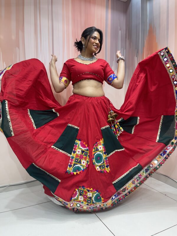 Royal Red Chaniya Choli with Green Dupatta and Embroidered Patchwork – Meera’s Lehenga - Image 8