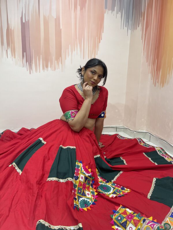 Royal Red Chaniya Choli with Green Dupatta and Embroidered Patchwork – Meera’s Lehenga - Image 9