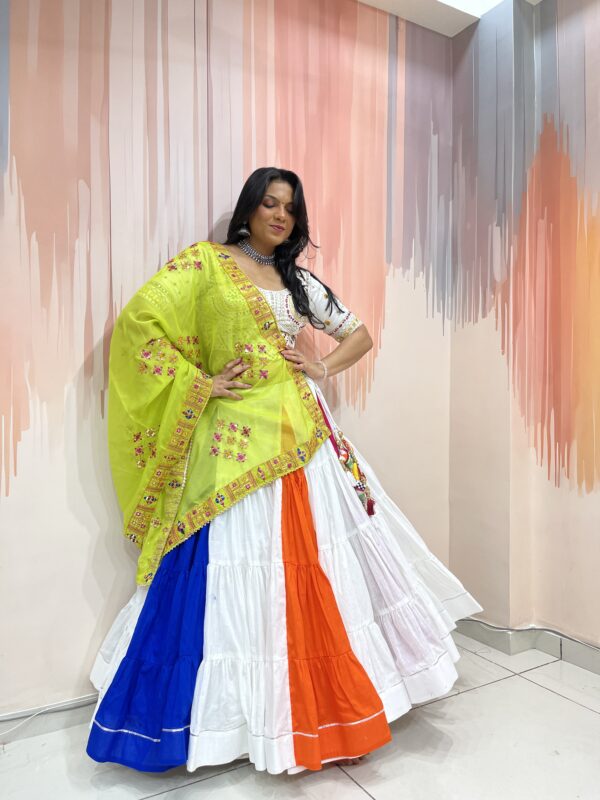 Multicolor Panelled Chaniya Choli with Mirror Work White Blouse & Lime Green Dupatta – Meera’s Lehenga